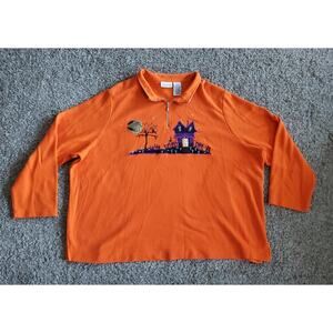 Orange Halloween Haunted House 1/4 Zip White Stag Shirt Women Plus Size 22/24W